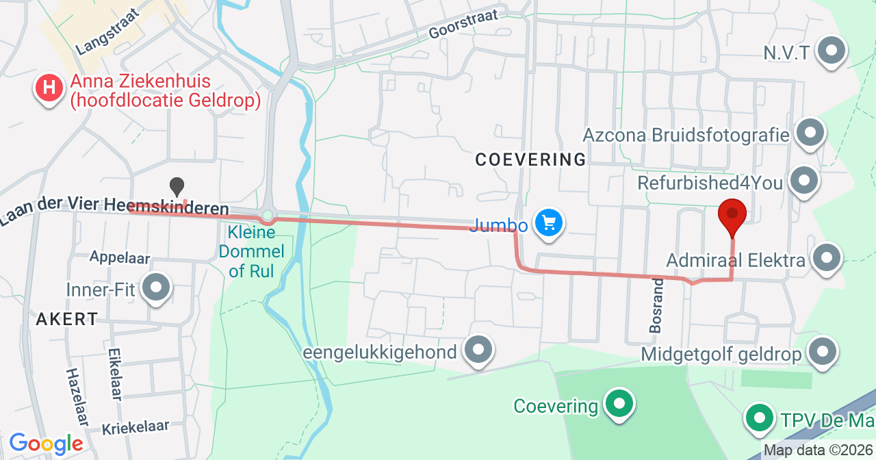 Kaart van het incident in Geldrop met berekende routes vanaf gealarmeerde posten