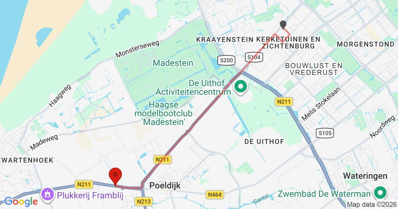 Kaart van het incident in Poeldijk met de aanrijroutes van de gealarmeerde eenheden