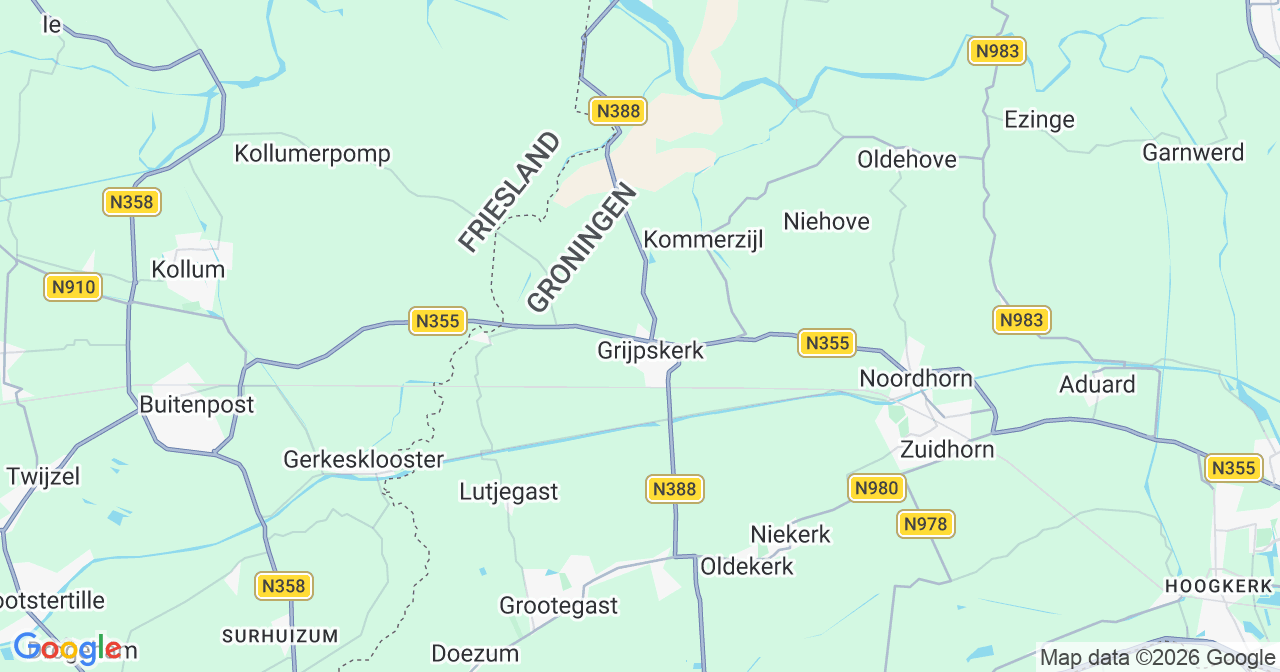 Kaart van het incident in Grijpskerk met berekende routes vanaf gealarmeerde posten