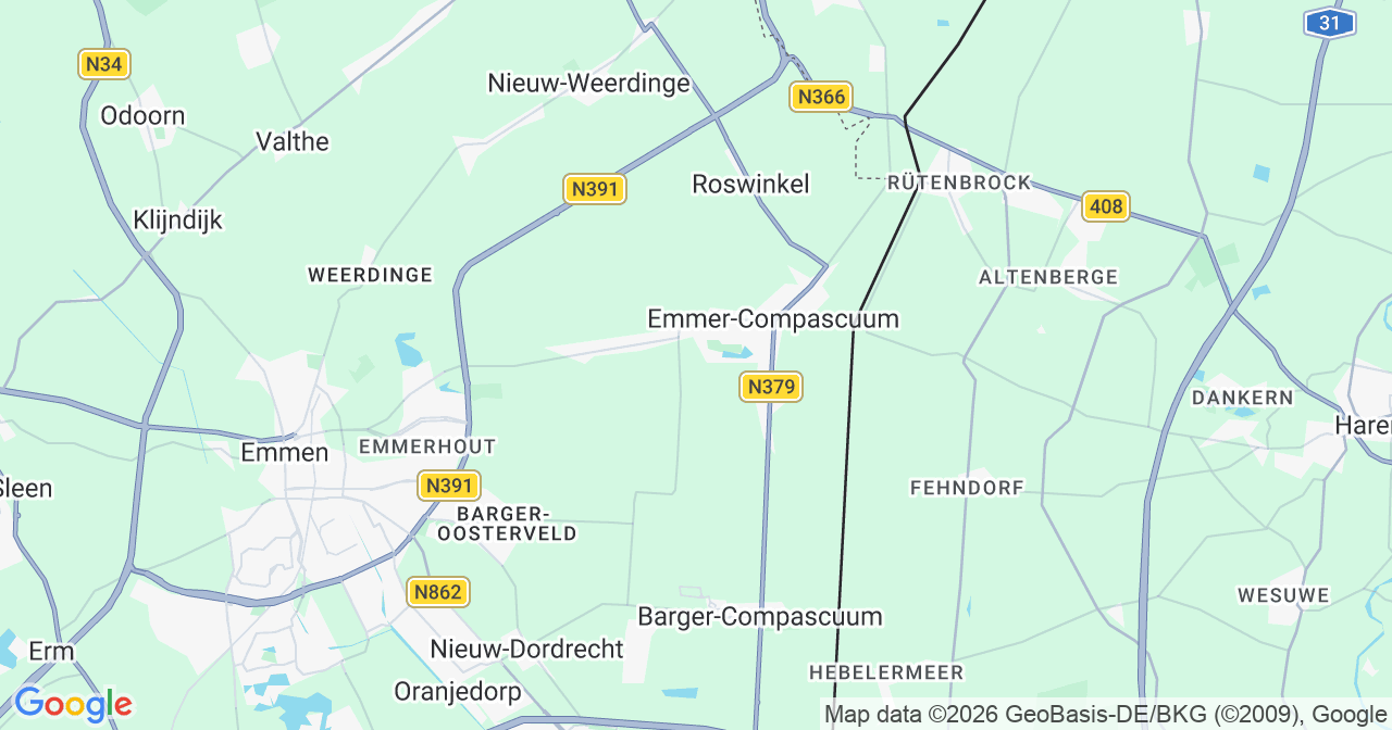 Kaart van het incident in Emmer-Compascuum met berekende routes vanaf gealarmeerde posten
