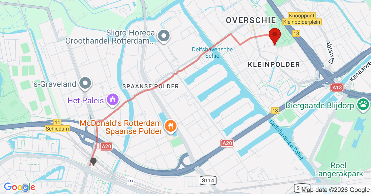 Kaart van het incident in Rotterdam met berekende routes vanaf gealarmeerde posten