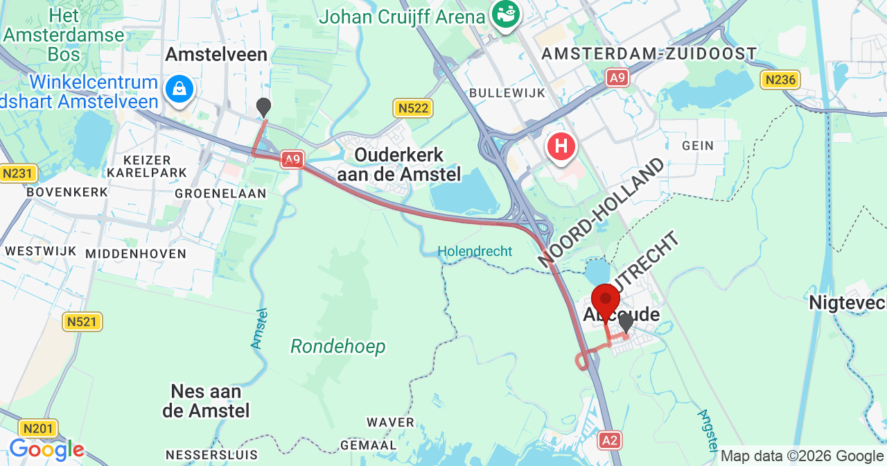 Kaart van het incident in Abcoude met berekende routes vanaf gealarmeerde posten