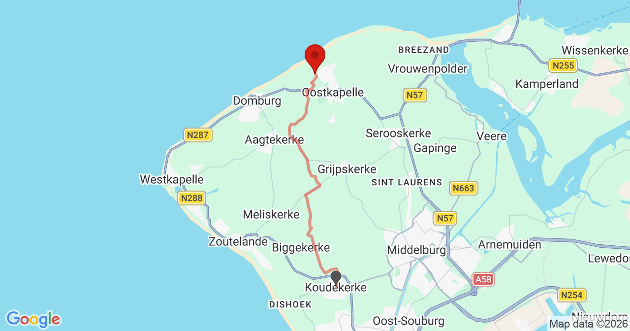 Kaart van het incident in Oostkapelle met berekende routes vanaf gealarmeerde posten