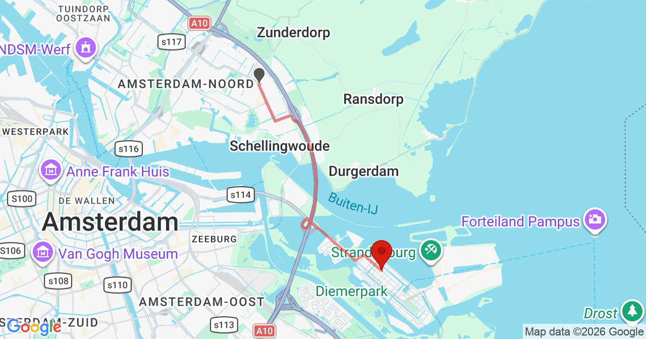 Kaart van het incident in Amsterdam met berekende routes vanaf gealarmeerde posten