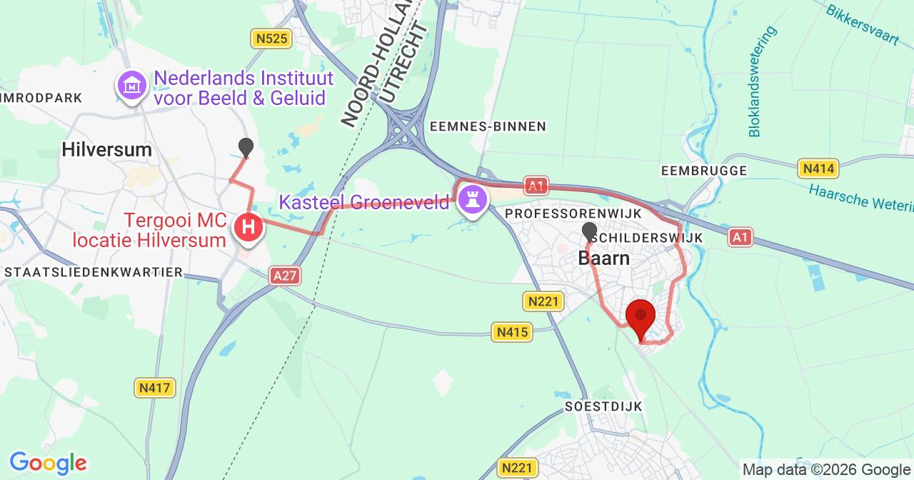 Kaart van het incident in Baarn met de aanrijroutes van de gealarmeerde eenheden