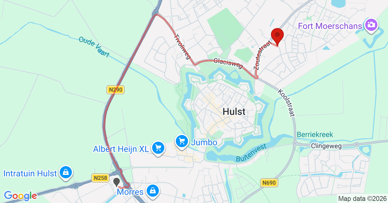 Kaart van het incident in Hulst met berekende routes vanaf gealarmeerde posten