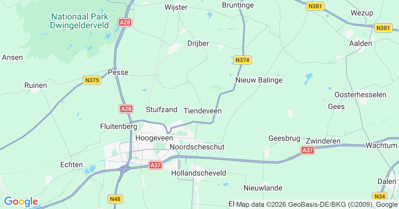 Kaart van het incident in Tiendeveen met berekende routes vanaf gealarmeerde posten