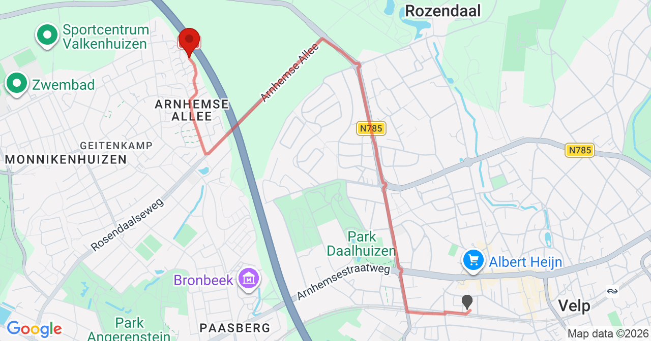 Kaart van het incident in Arnhem met berekende routes vanaf gealarmeerde posten