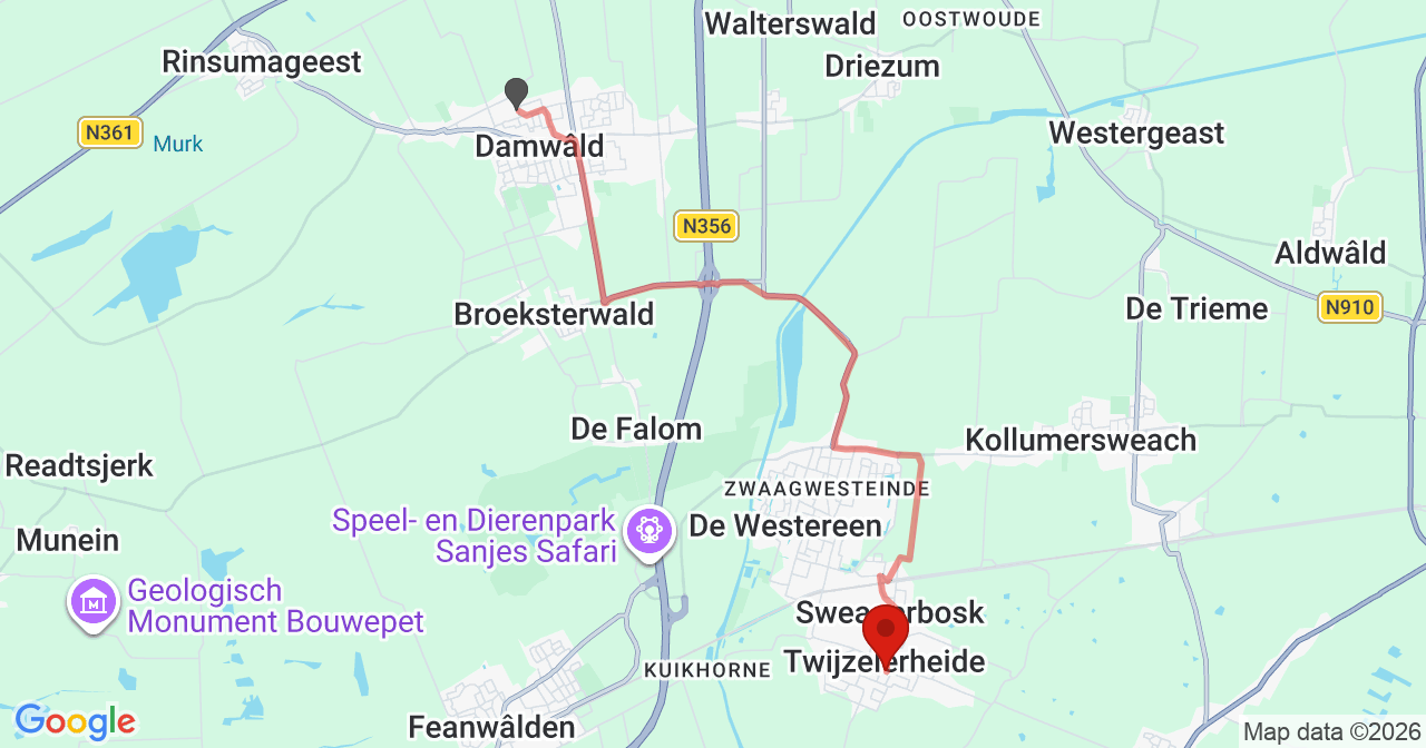 Kaart van het incident in Twijzelerheide met berekende routes vanaf gealarmeerde posten