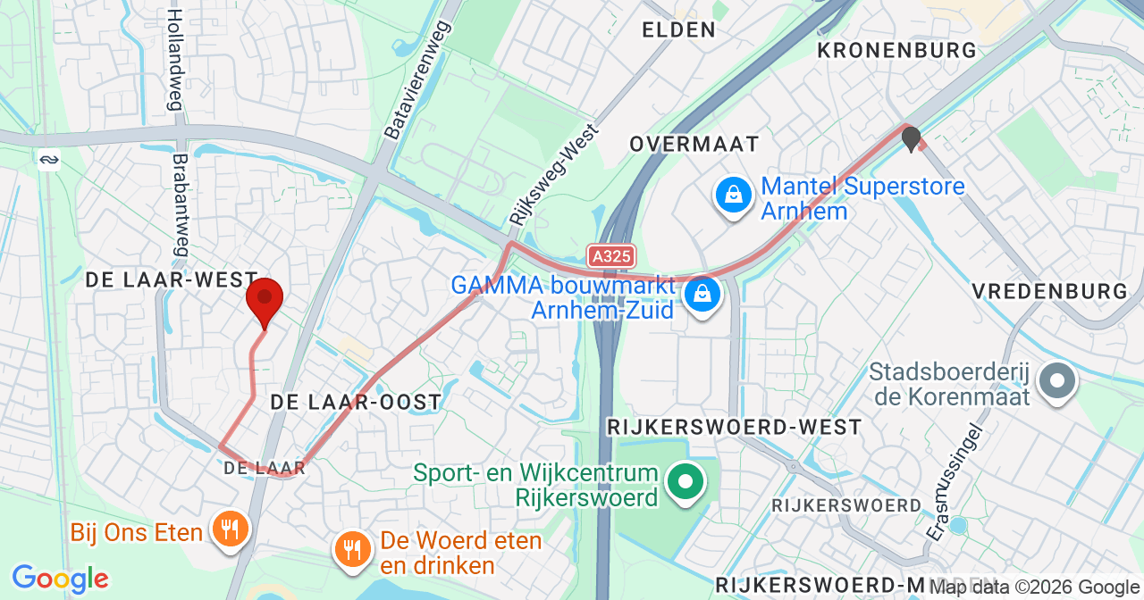 Kaart van het incident in Arnhem met berekende routes vanaf gealarmeerde posten