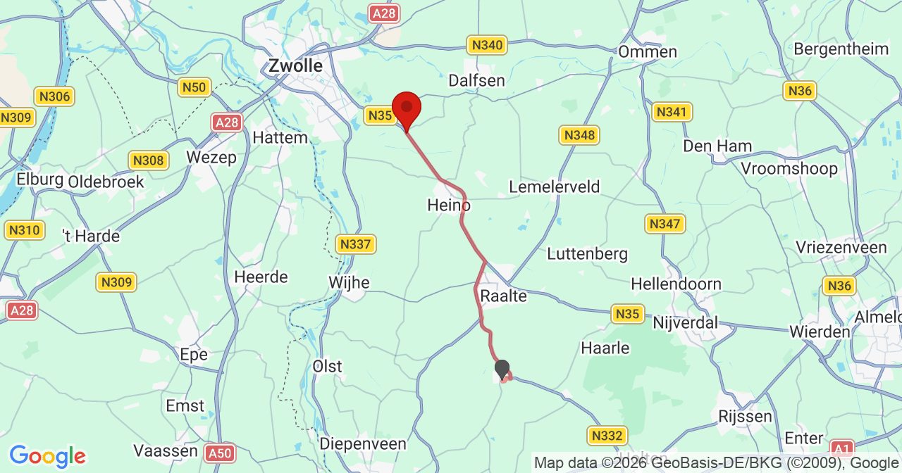 Kaart van het incident in Heino met berekende routes vanaf gealarmeerde posten