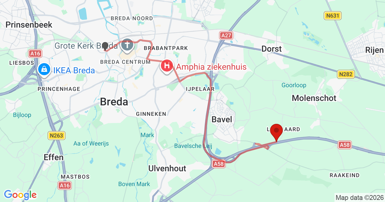 Kaart van het incident in Bavel met berekende routes vanaf gealarmeerde posten