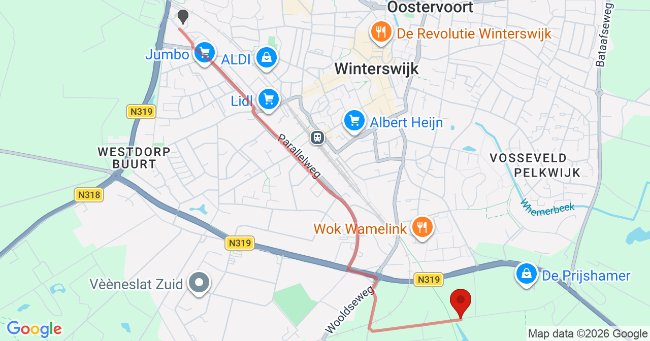 Kaart van het incident in Winterswijk met berekende routes vanaf gealarmeerde posten