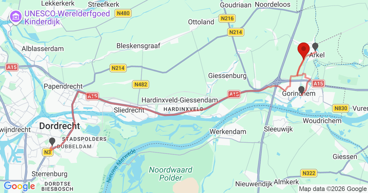 Kaart van het incident in Arkel met de aanrijroutes van de gealarmeerde eenheden