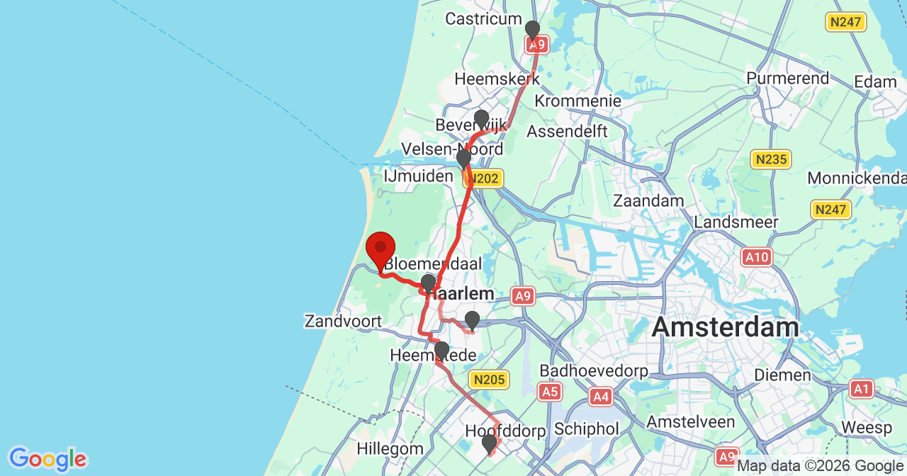 Kaart van het incident in Overveen met de aanrijroutes van de gealarmeerde eenheden