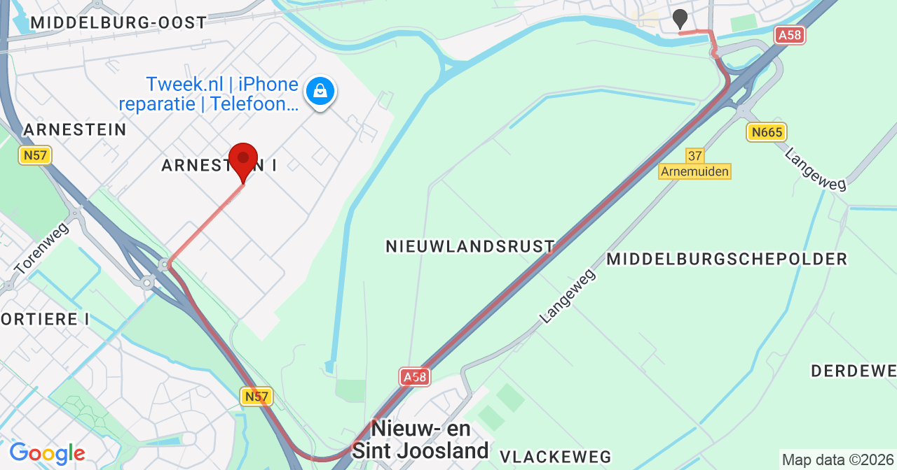 Kaart van het incident in Middelburg met berekende routes vanaf gealarmeerde posten