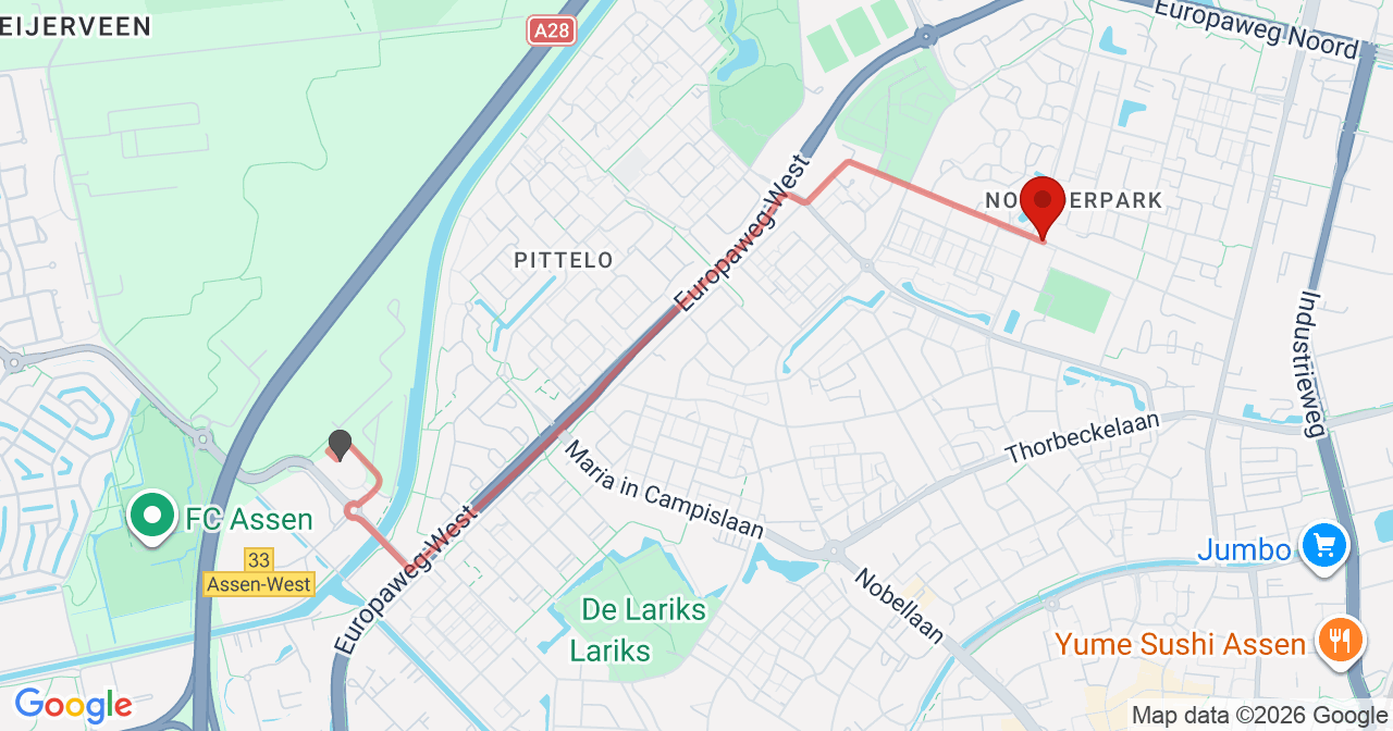 Kaart van het incident in Assen met berekende routes vanaf gealarmeerde posten