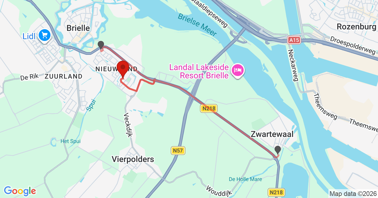 Kaart van het incident in Brielle met berekende routes vanaf gealarmeerde posten