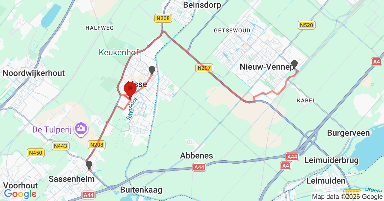 Kaart van het incident in LISSE met berekende routes vanaf gealarmeerde posten