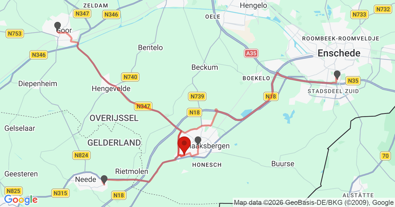 Kaart van het incident in Haaksbergen met berekende routes vanaf gealarmeerde posten