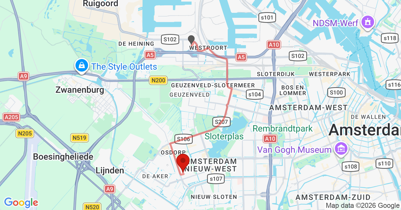 Kaart van het incident in Amsterdam met berekende routes vanaf gealarmeerde posten