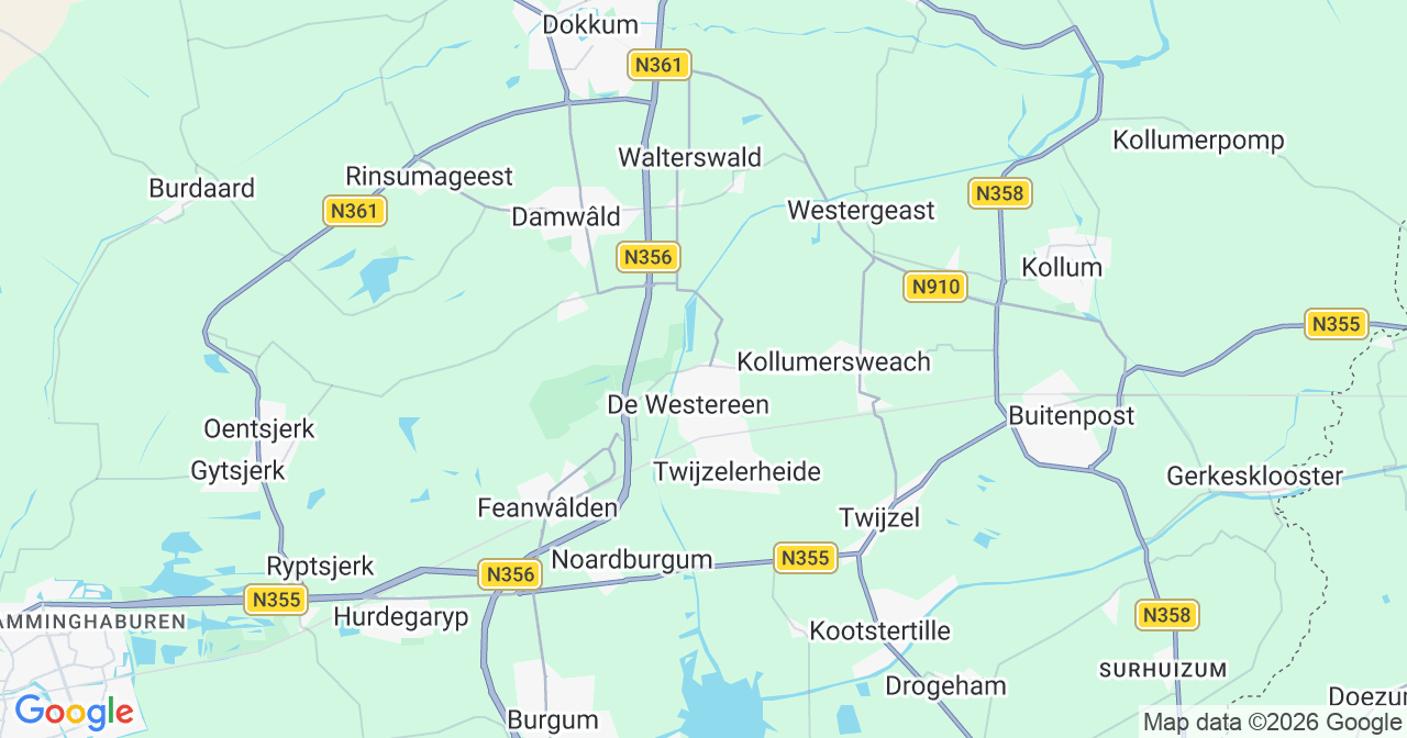 Kaart van het incident in De Westereen met berekende routes vanaf gealarmeerde posten