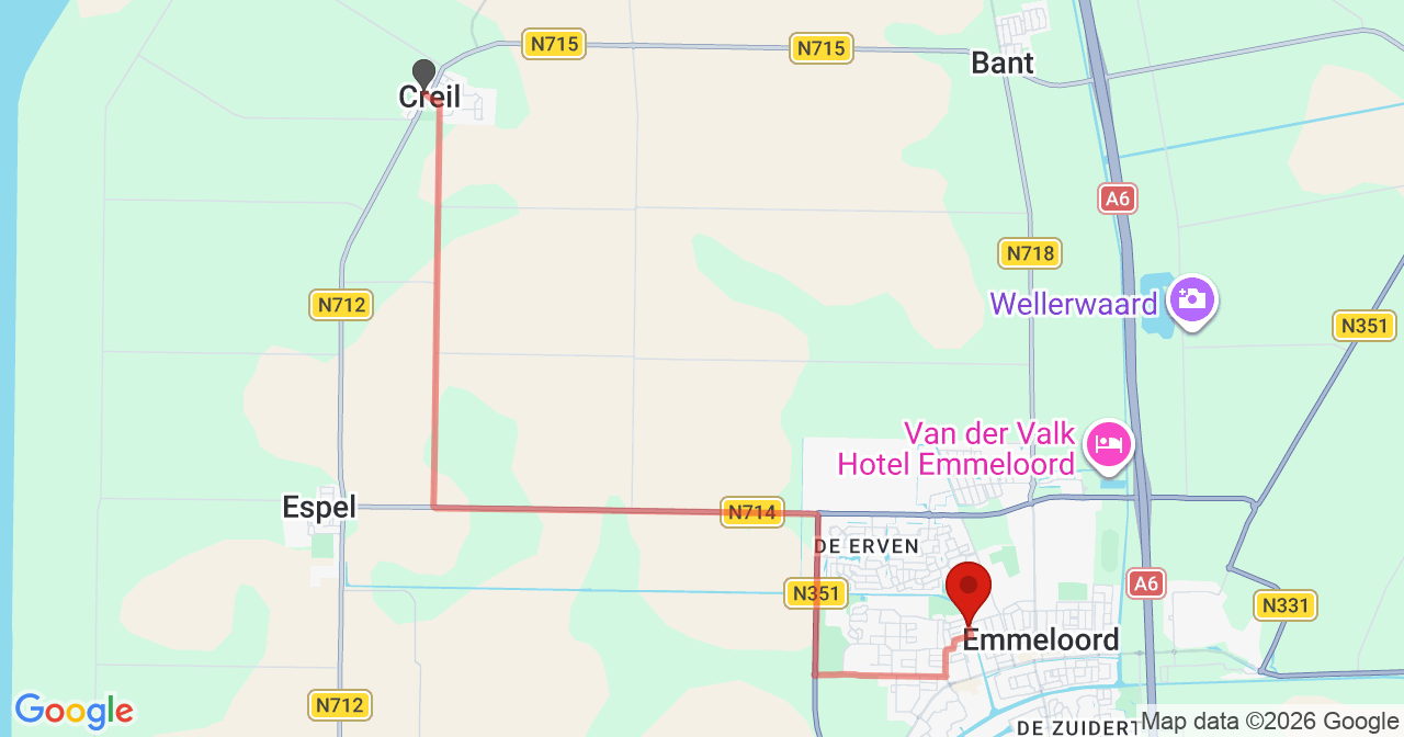 Kaart van het incident in Emmeloord met berekende routes vanaf gealarmeerde posten