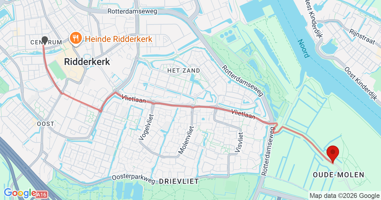 Kaart van het incident in Ridderkerk met berekende routes vanaf gealarmeerde posten