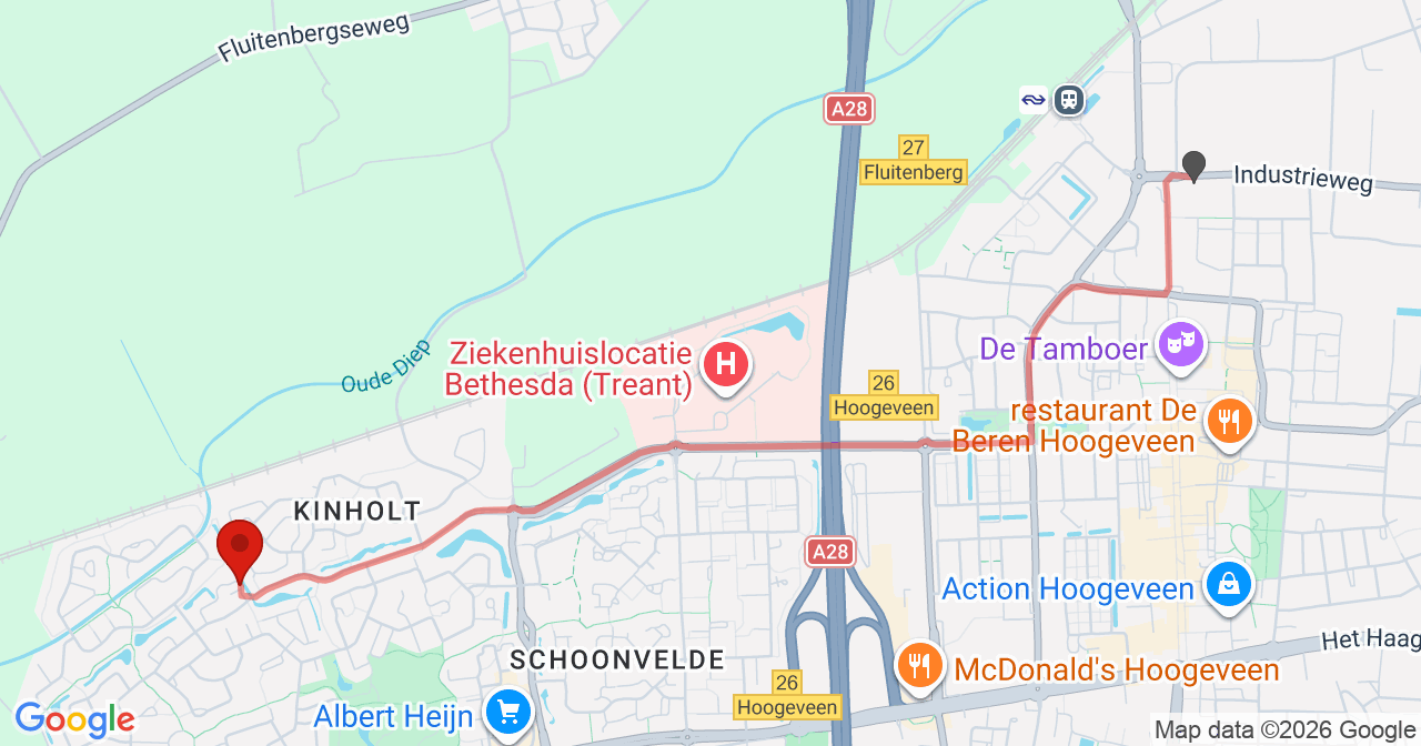 Kaart van het incident in Hoogeveen met berekende routes vanaf gealarmeerde posten