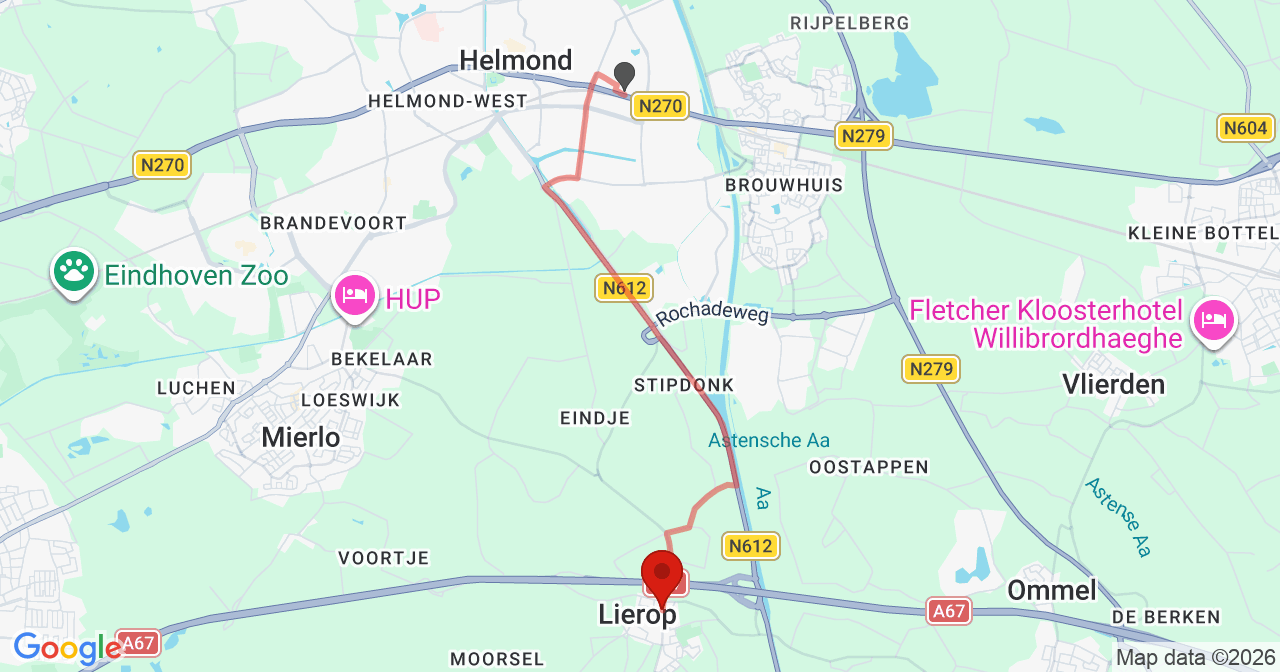 Kaart van het incident in Lierop met berekende routes vanaf gealarmeerde posten