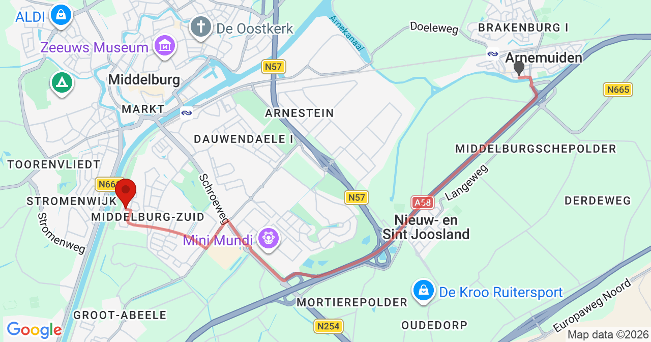 Kaart van het incident in Middelburg met berekende routes vanaf gealarmeerde posten