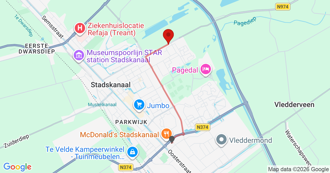 Kaart van het incident in Stadskanaal met berekende routes vanaf gealarmeerde posten
