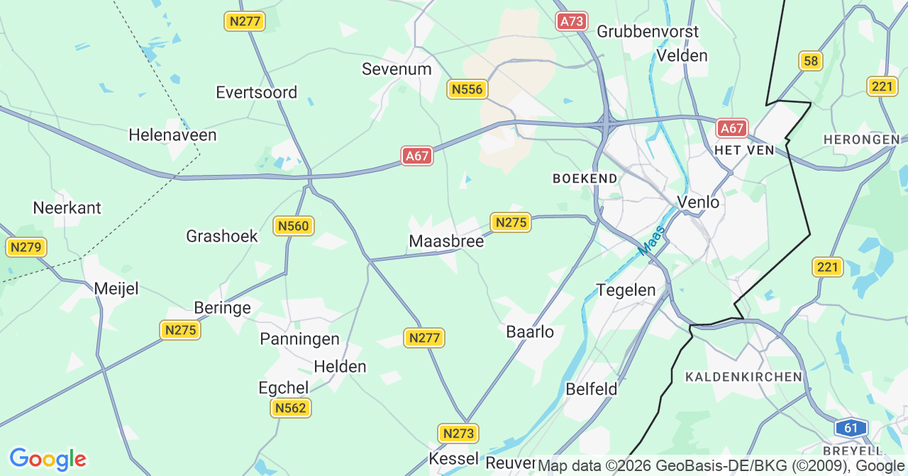 Kaart van het incident in Maasbree met berekende routes vanaf gealarmeerde posten