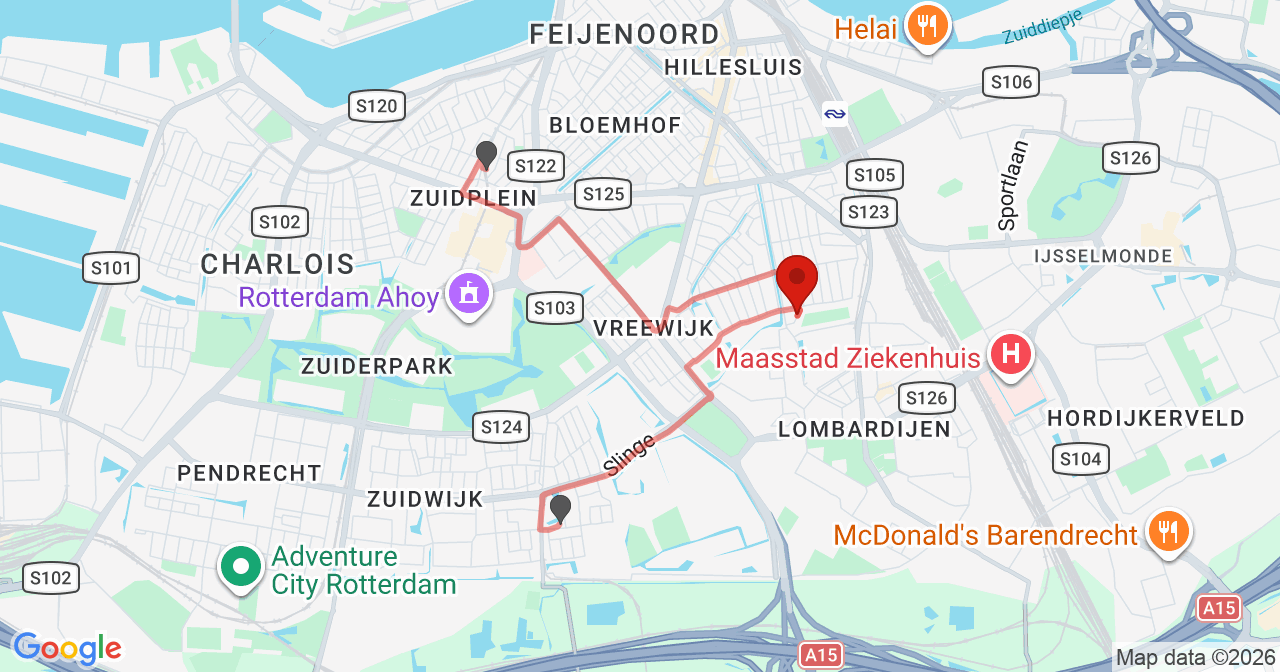 Kaart van het incident in Rotterdam met berekende routes vanaf gealarmeerde posten