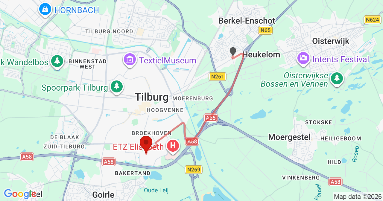 Kaart van het incident in Tilburg met berekende routes vanaf gealarmeerde posten