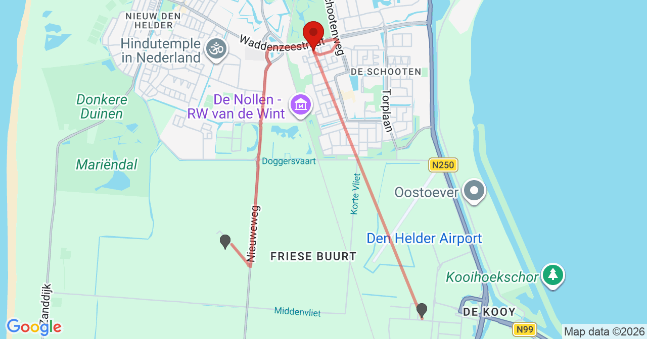 Kaart van het incident in Den Helder met de aanrijroutes van de gealarmeerde eenheden