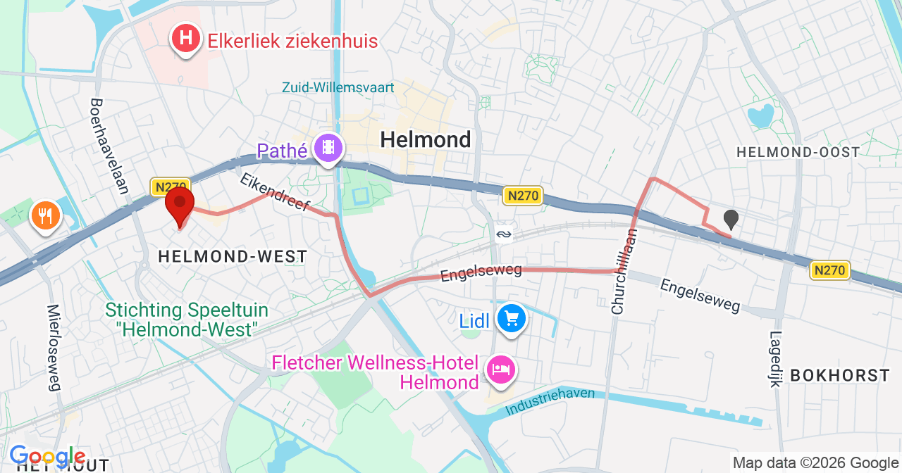 Kaart van het incident in Helmond met berekende routes vanaf gealarmeerde posten