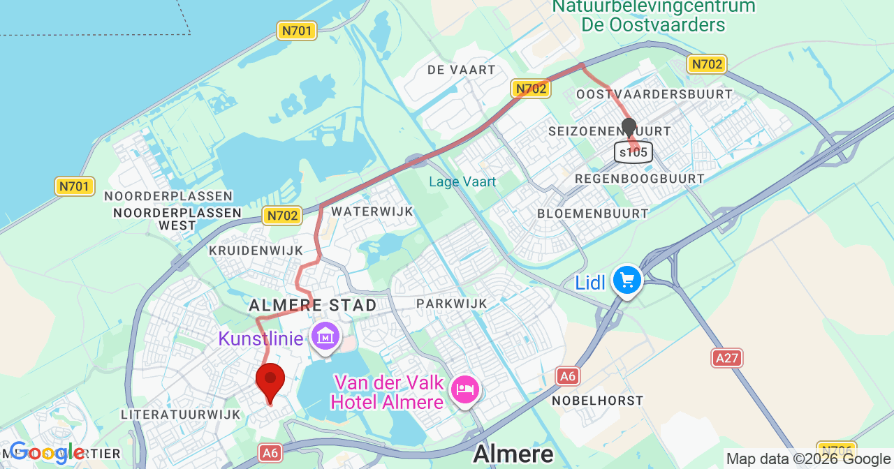 Kaart van het incident in Almere met berekende routes vanaf gealarmeerde posten