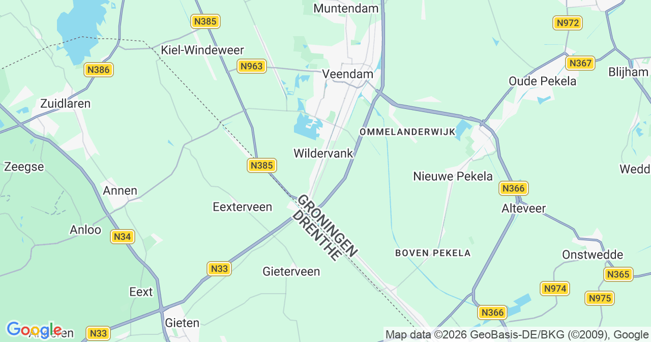 Kaart van het incident in Wildervank met berekende routes vanaf gealarmeerde posten
