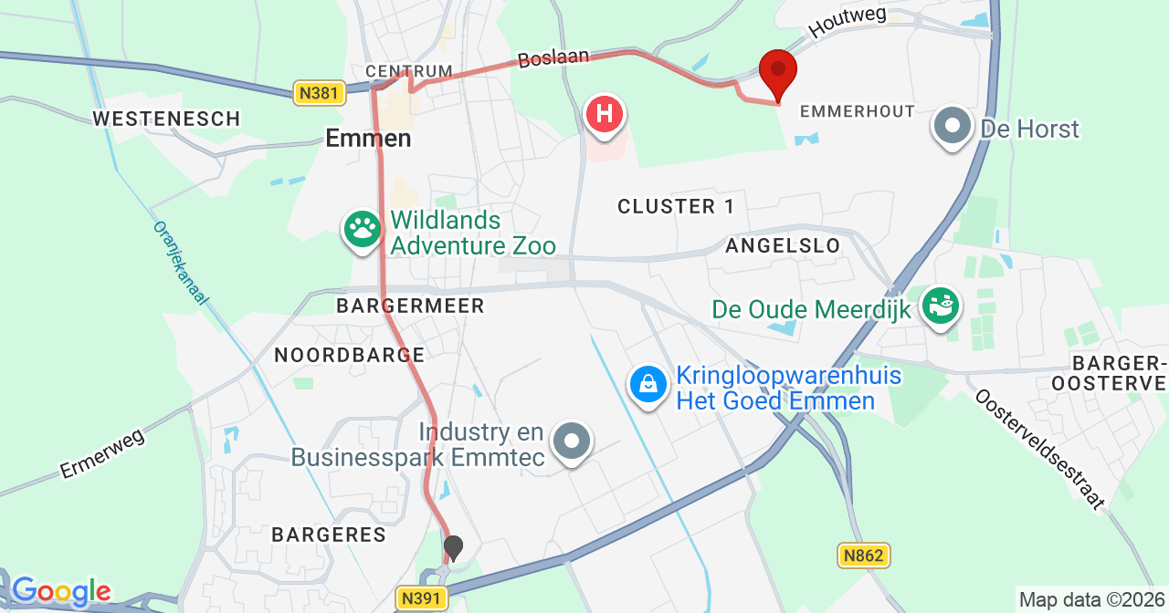 Kaart van het incident in Emmen met berekende routes vanaf gealarmeerde posten