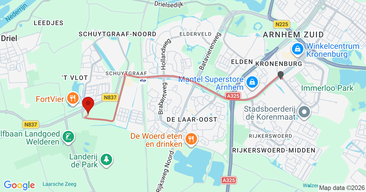Kaart van het incident in Arnhem met berekende routes vanaf gealarmeerde posten