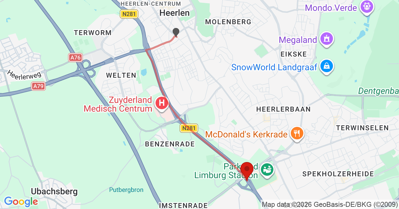 Kaart van het incident in Heerlen met berekende routes vanaf gealarmeerde posten