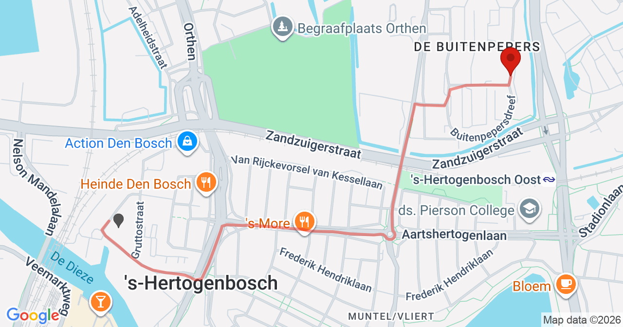 Kaart van het incident in 's-Hertogenbosch met berekende routes vanaf gealarmeerde posten