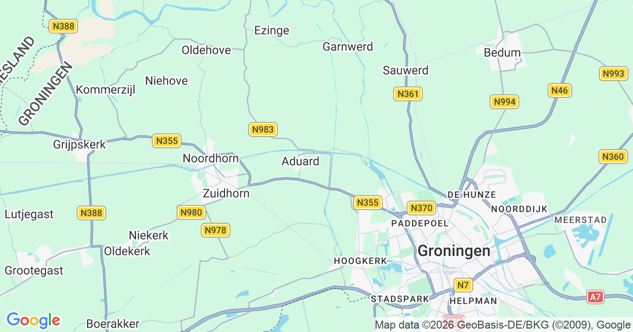 Kaart van het incident in Aduard met berekende routes vanaf gealarmeerde posten
