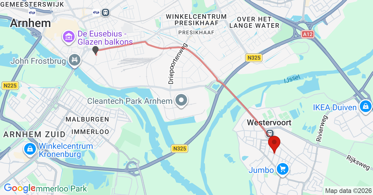 Kaart van het incident in Westervoort met berekende routes vanaf gealarmeerde posten