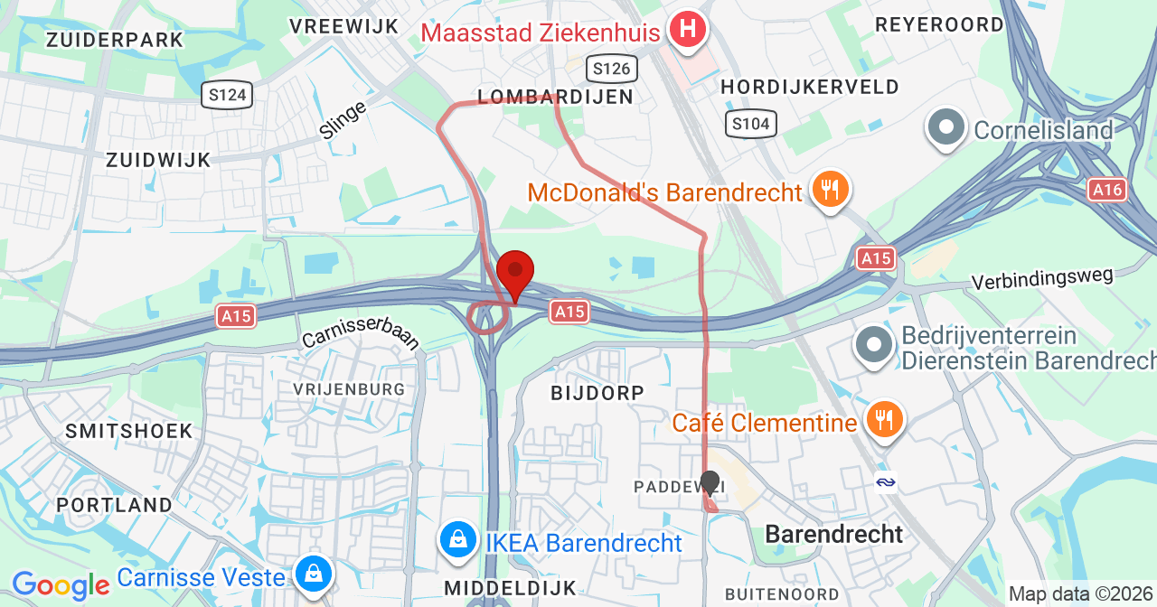Kaart van het incident in Barendrecht met berekende routes vanaf gealarmeerde posten