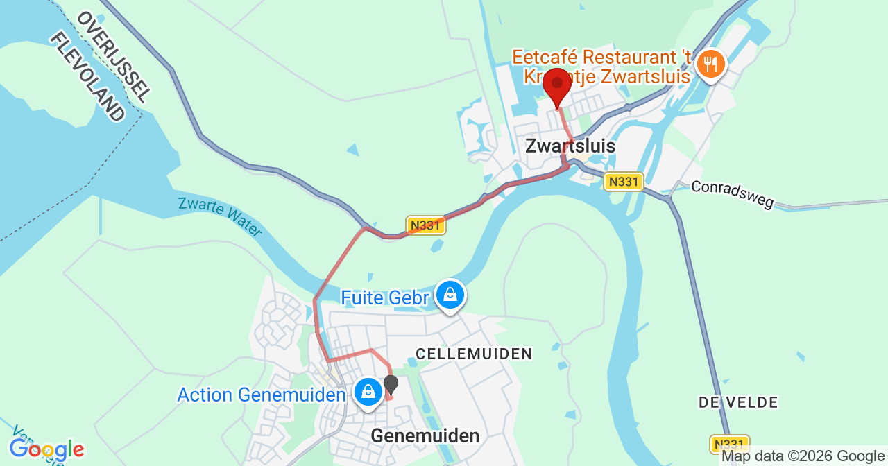 Kaart van het incident in Zwartsluis met berekende routes vanaf gealarmeerde posten