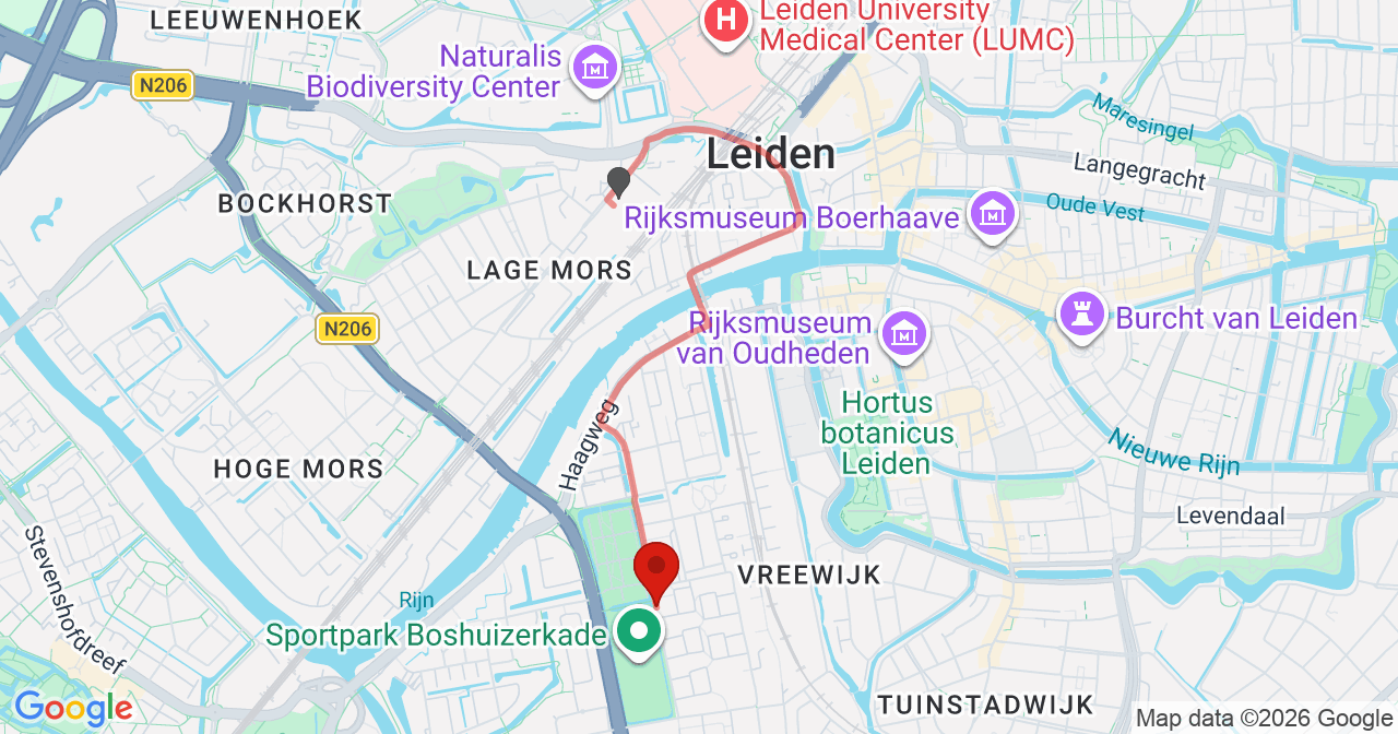 Kaart van het incident in Leiden met de aanrijroutes van de gealarmeerde eenheden