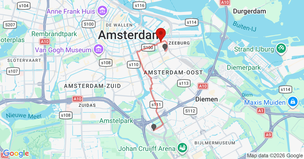 Kaart van het incident in Amsterdam met berekende routes vanaf gealarmeerde posten
