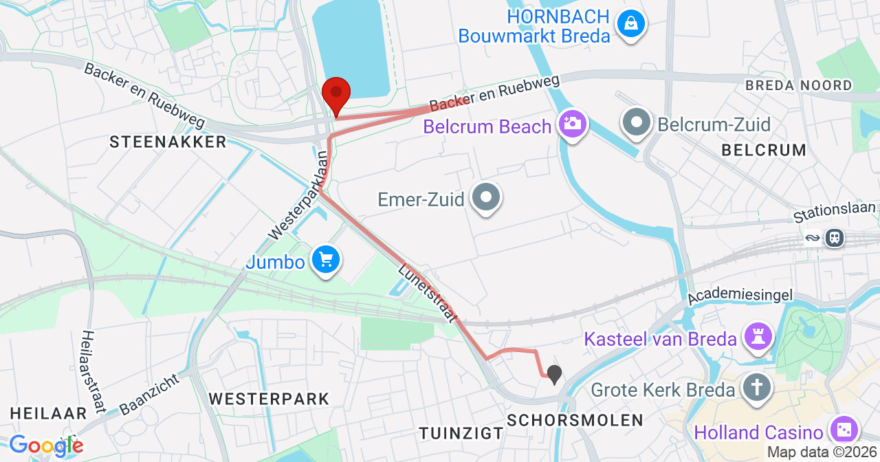 Kaart van het incident in Breda met berekende routes vanaf gealarmeerde posten